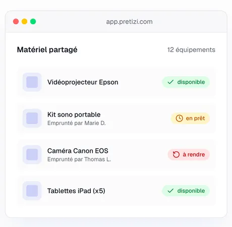 Liste de matériel partagé dans l'application Pretizi : vidéoprojecteur disponible, kit sono prêté, caméra à rendre
