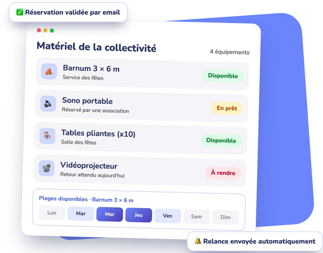 Exemple de liste de matériel d'une collectivité dans Pretizi : barnum et tables disponibles, sono en prêt, vidéoprojecteur à rendre, plages de disponibilité du barnum, réservation validée par email et relance automatique