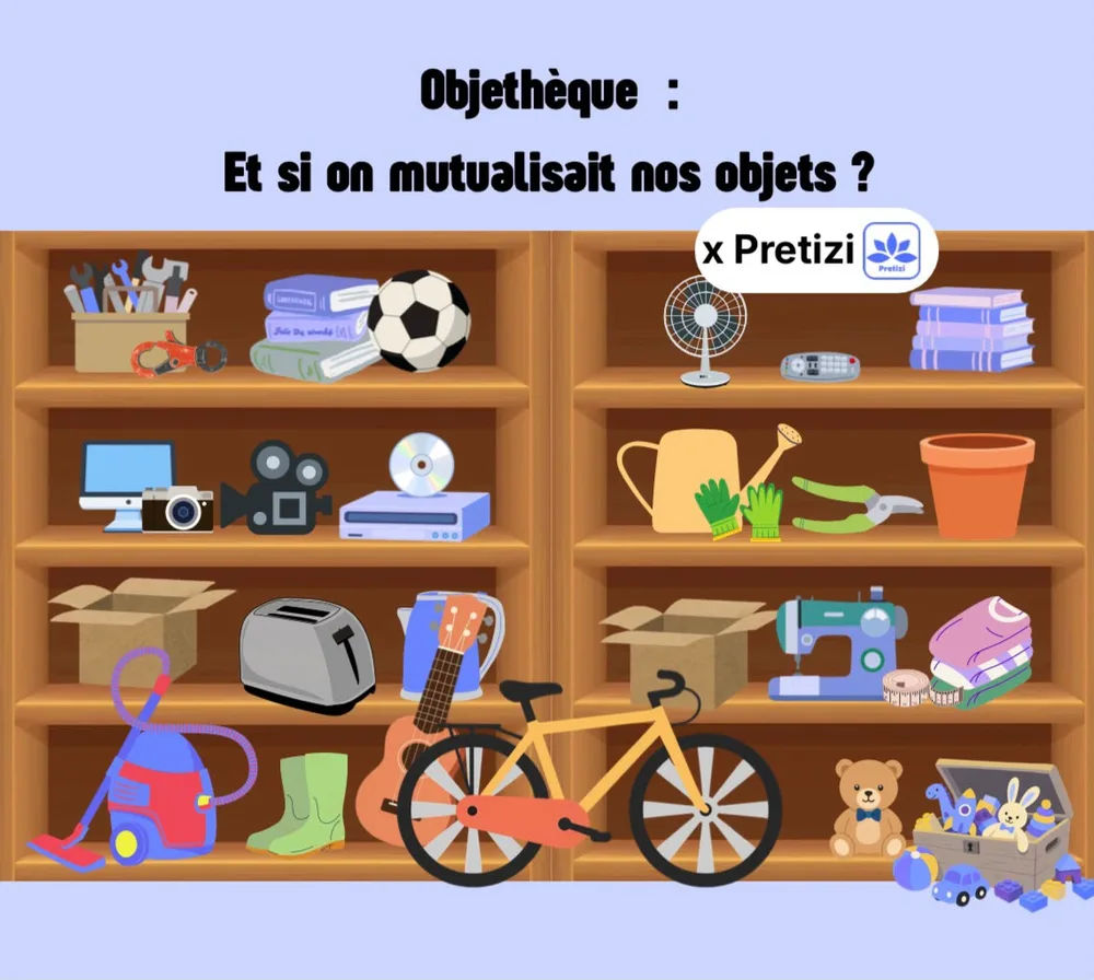 Étagères remplies d'objets à emprunter : outils, vélo, jeux, appareils ménagers, avec le texte « Objethèque : et si on mutualisait nos objets ? »